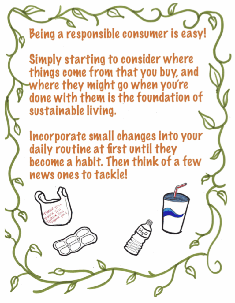 Being a responsible consumer is easy! Simply starting to consider where things come from that you buy, and where they might go when you're done with them is the foundation of sustainable living. Incorporate small changes into your daily routine at first until they become habit. Then think of a few new ones to tackle!